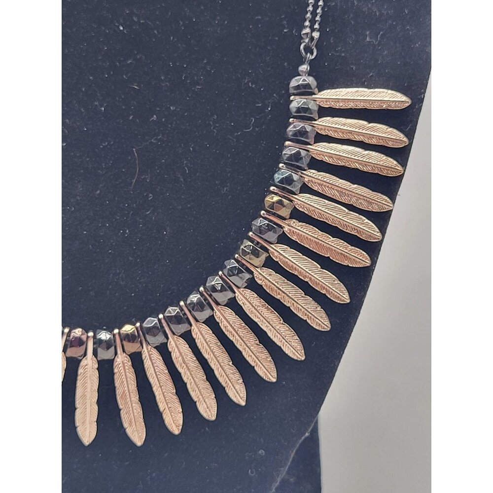 Charming Charlie Black Gold Tone Feather Dangle Fringe Statement Necklace - Picture 2 of 7